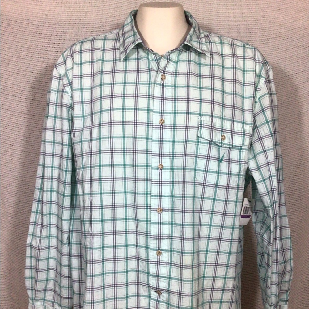 Nautica “Reel Aqua” Plaid Button Down Shirt XXL 2XL Long Sleeve New